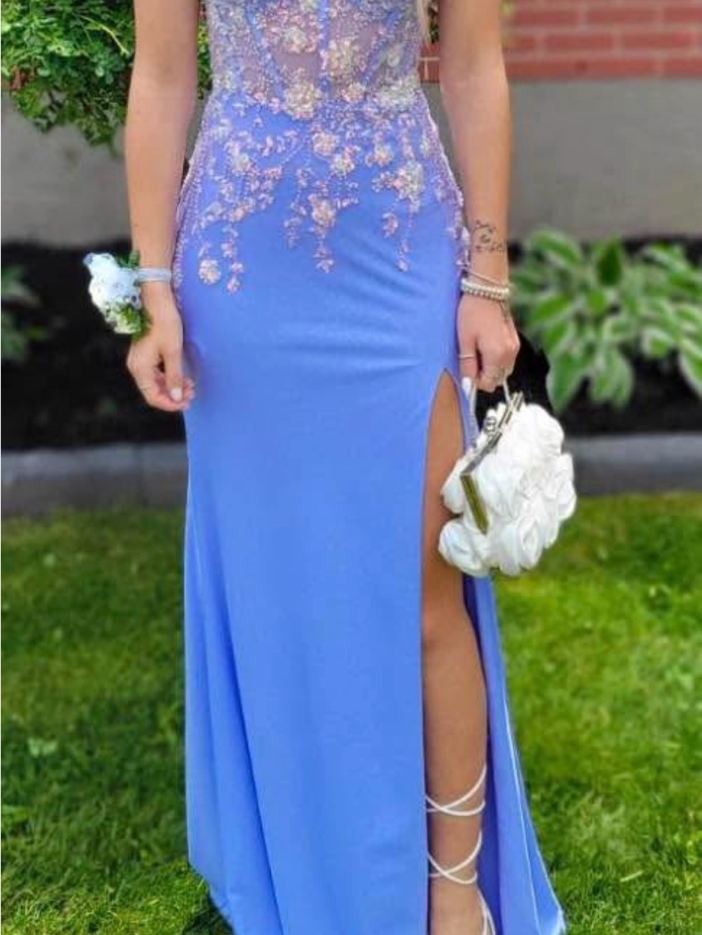 Blue Beaded Lace Bodice Evening Gown with Side Slit